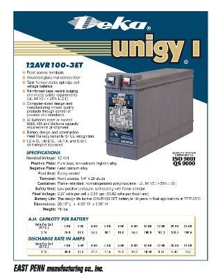 Deka Unigy 12AVR-100ET 12AVR100-3ET Front Terminal Battery